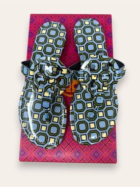 Tory Burch Light Chambray Octagon Square Miller Printed Patent Leather 7 Women’s